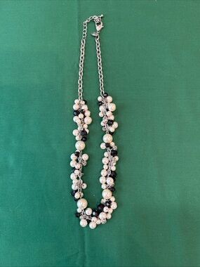 Necklace Statement Piece Faux Pearls & Black Stones  and Rhinestones